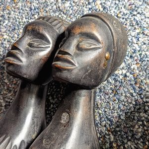 SOLD 2pc Hand-Carved African Woman Statues - Signed